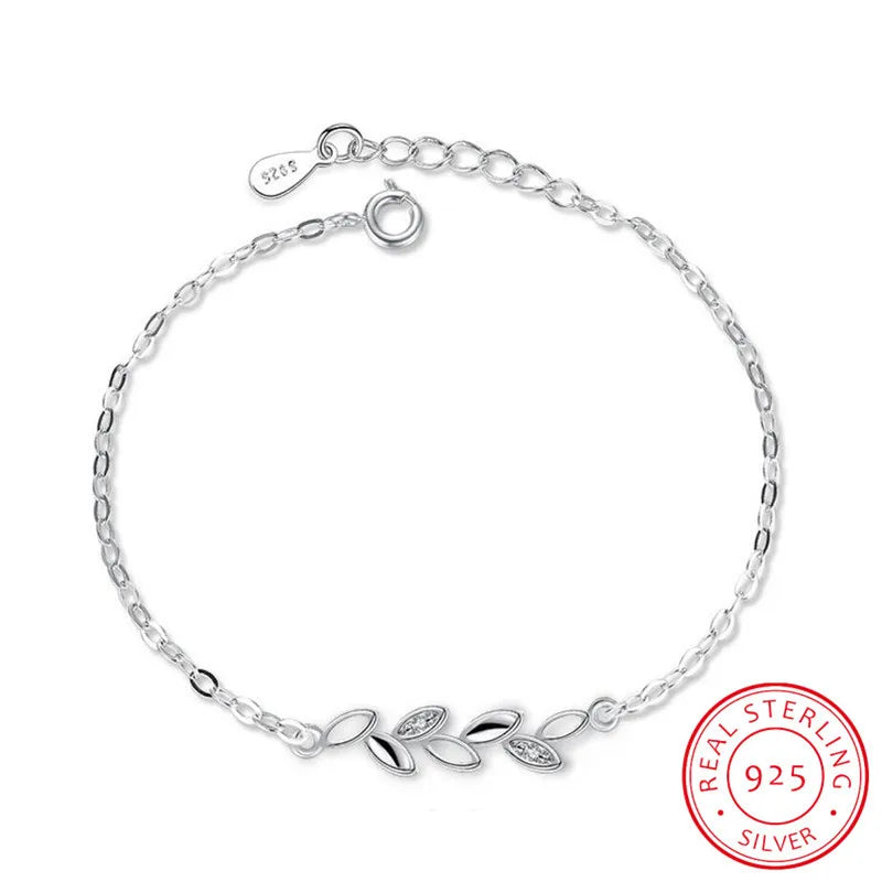 925 Silver Leaves Charm Bracelet Crystal Jewelry for Women