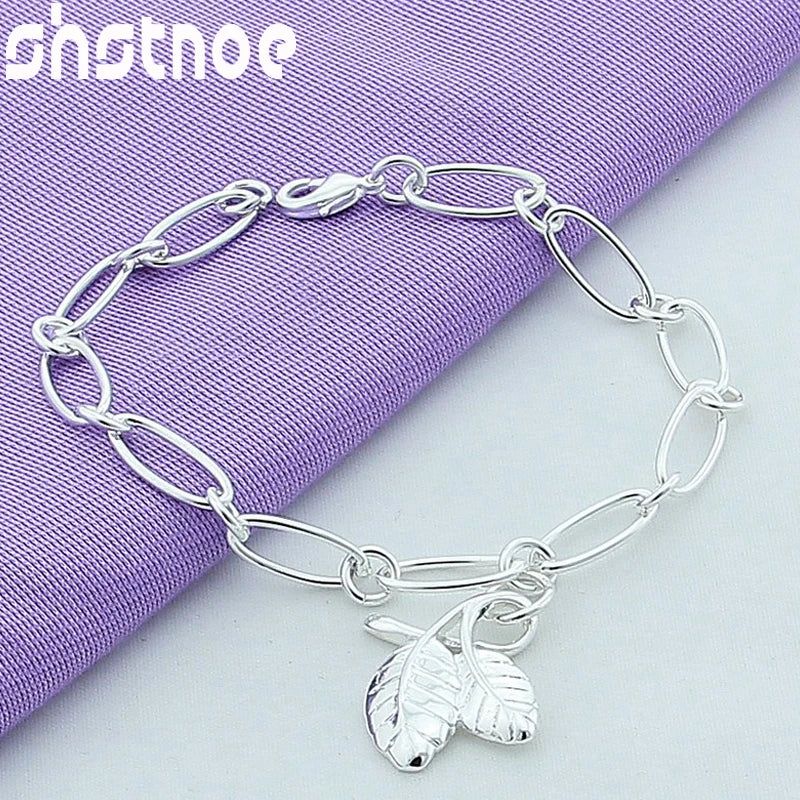 925 Silver Leaves Pendant Chain Bracelet Women Party Wedding Gift Charm Jewelry