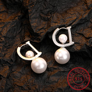 925 Silver D Letter Hoop Earring Brincos with Pearl for Women