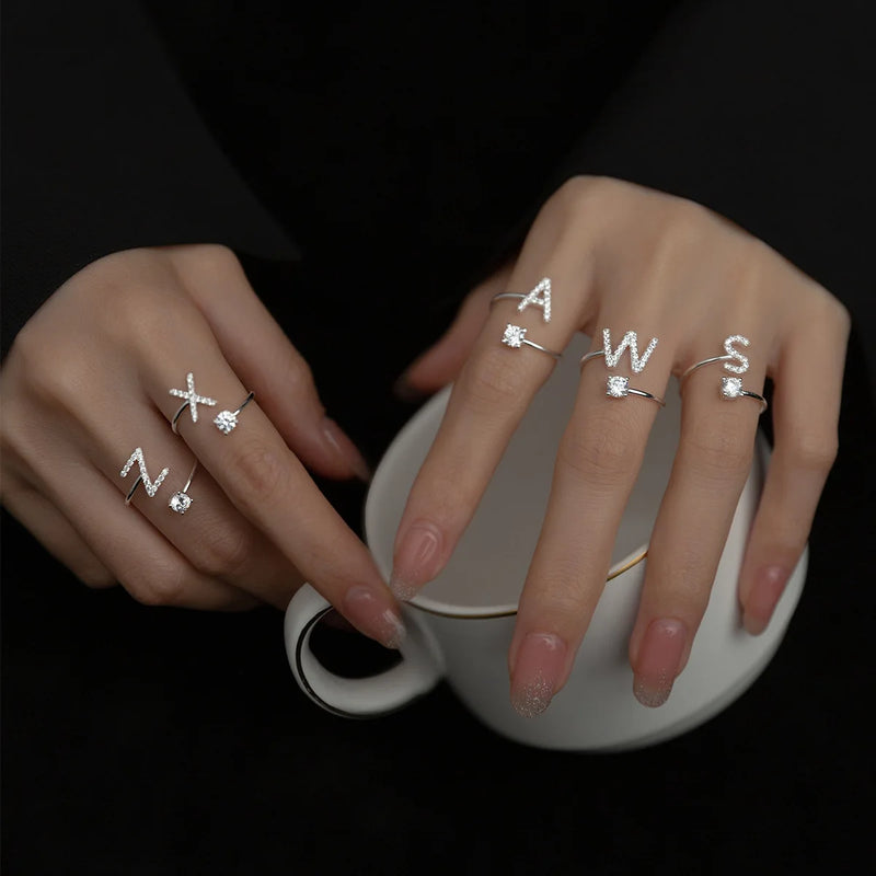 925 Silver Letter Ring Crystal Inlaid Stackable Alphabet Ring