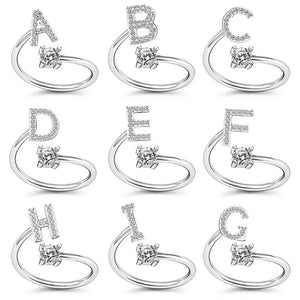 925 Silver Letter Ring Crystal Inlaid Stackable Alphabet Ring