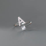 925 Silver Letter Ring Crystal Inlaid Stackable Alphabet Ring