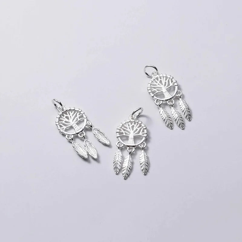 925 Silver Life Tree & Feather Dream Catcher Necklace Charm DIY Jewelry