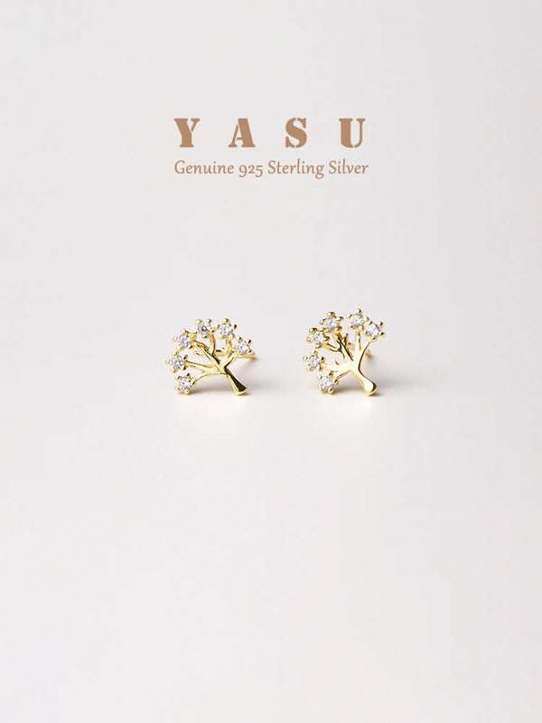 925 Silver Life Tree Stud Earrings Sparkling 14k Plated Studs Party Jewelry