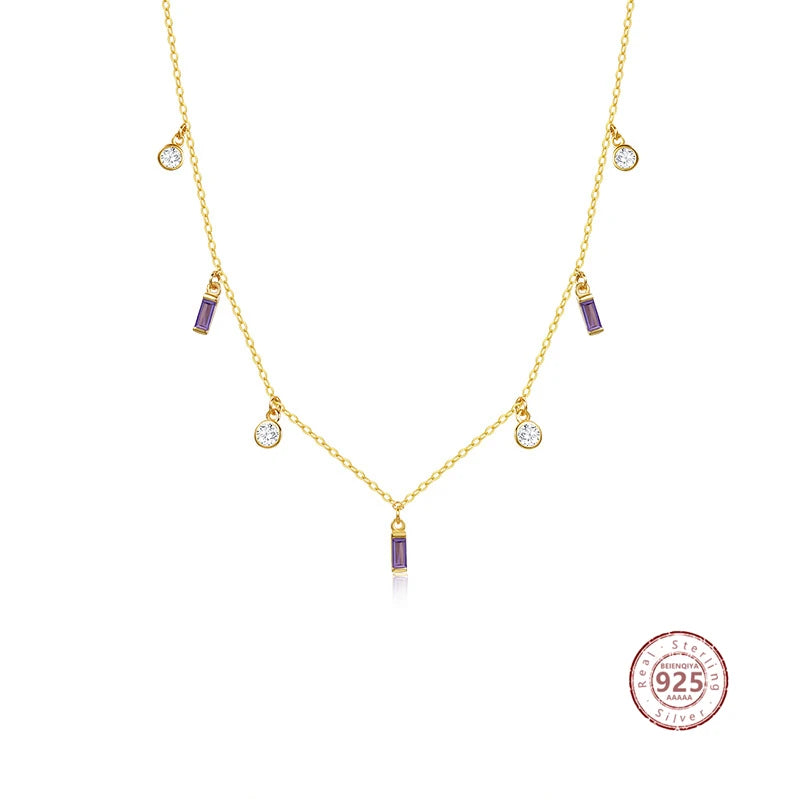 925 Silver Geometric Zircon Tassel Necklace Women Light Chokers Jewelry Gift