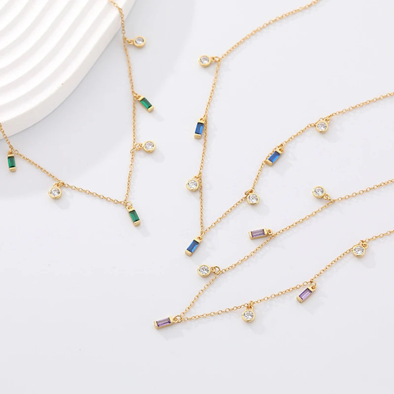 925 Silver Geometric Zircon Tassel Necklace Women Light Chokers Jewelry Gift