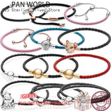 925 Silver Pink Leather Bracelet for Charm Jewelry