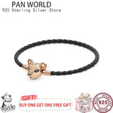 925 Silver Pink Leather Bracelet for Charm Jewelry