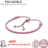 925 Silver Pink Leather Bracelet for Charm Jewelry