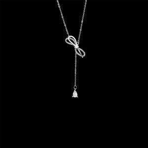 925 Silver Line Clavicle Necklace Tassel Bow Chain Zirconia Necklace