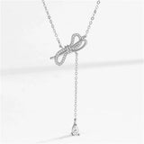 925 Silver Line Clavicle Necklace Tassel Bow Chain Zirconia Necklace