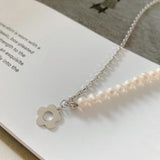 925 Silver Chain Flower Charm Pendant Freshwater Pearl Necklace