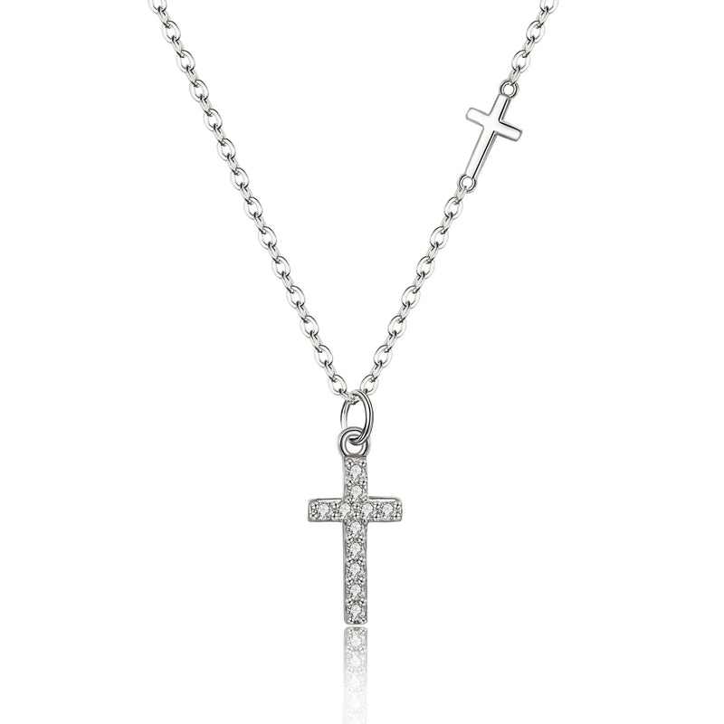 925 Silver Link Chain Zircon Cross Pendant Choker Necklace