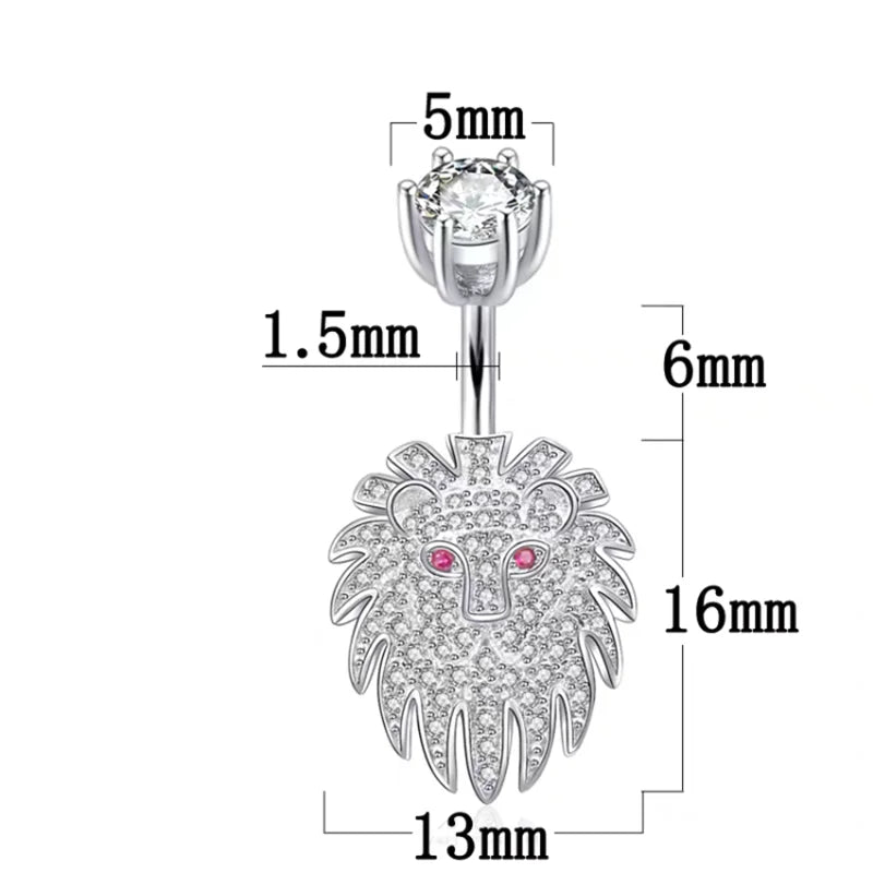 925 Silver Lion Head Navel Piercing Belly Rings Body Jewelry
