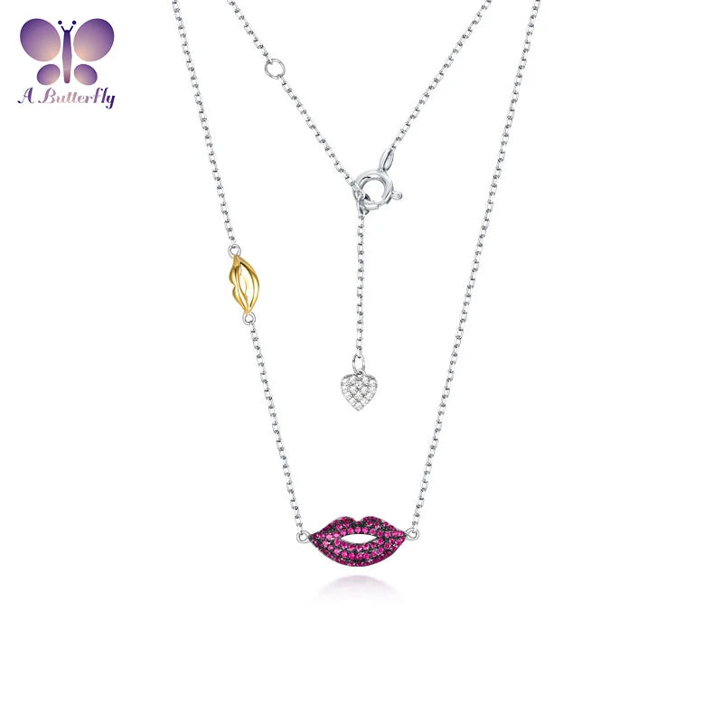 925 Silver Lips Pendant Necklace Birthday Gift Jewelry Chain 45Cm