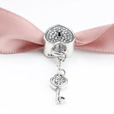 925 Silver Lock Charms Key To My Heart Crystal Pendant Beads