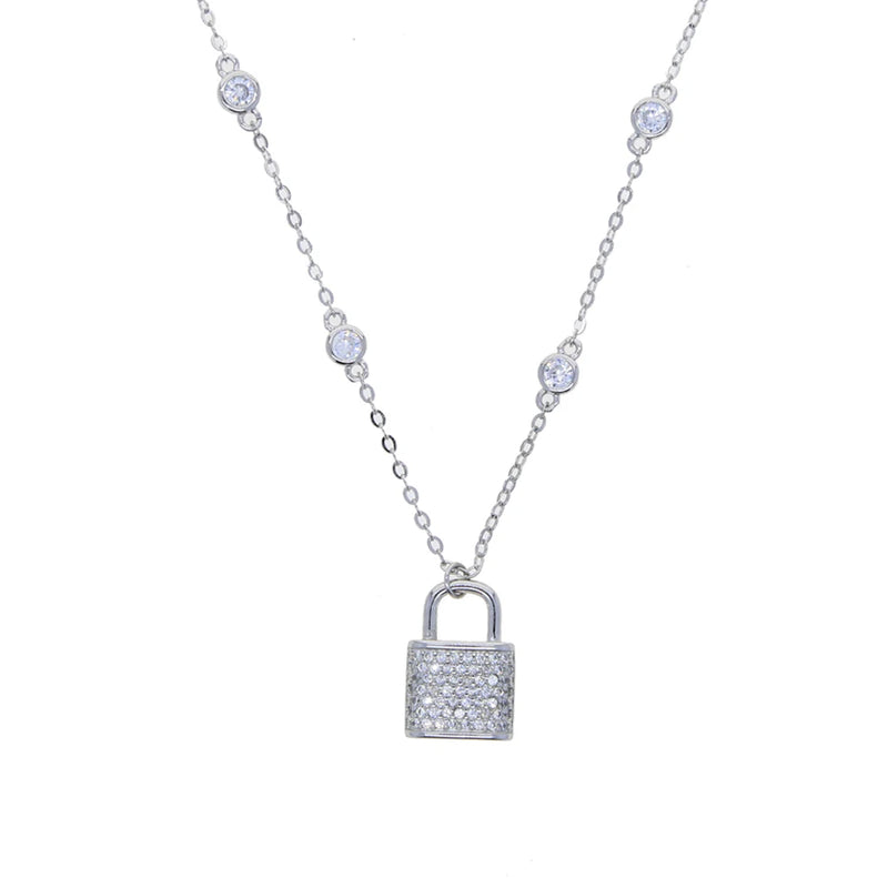 925 Silver CZ Lock Pendant Necklace Choker Rock Punk Women Jewelry