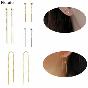 925 Silver Long Chain 70cm Threaded Earrings Women's Jewelry