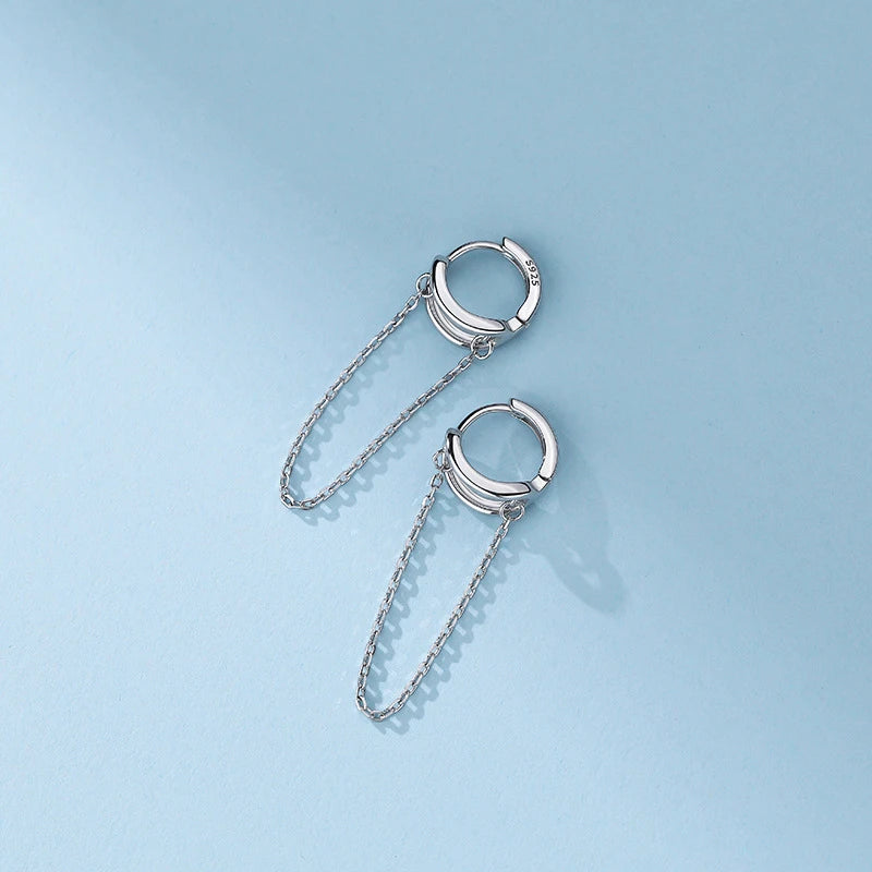 925 Silver Long Tassel Hoop Earrings For Women Piercing Circle Earrings