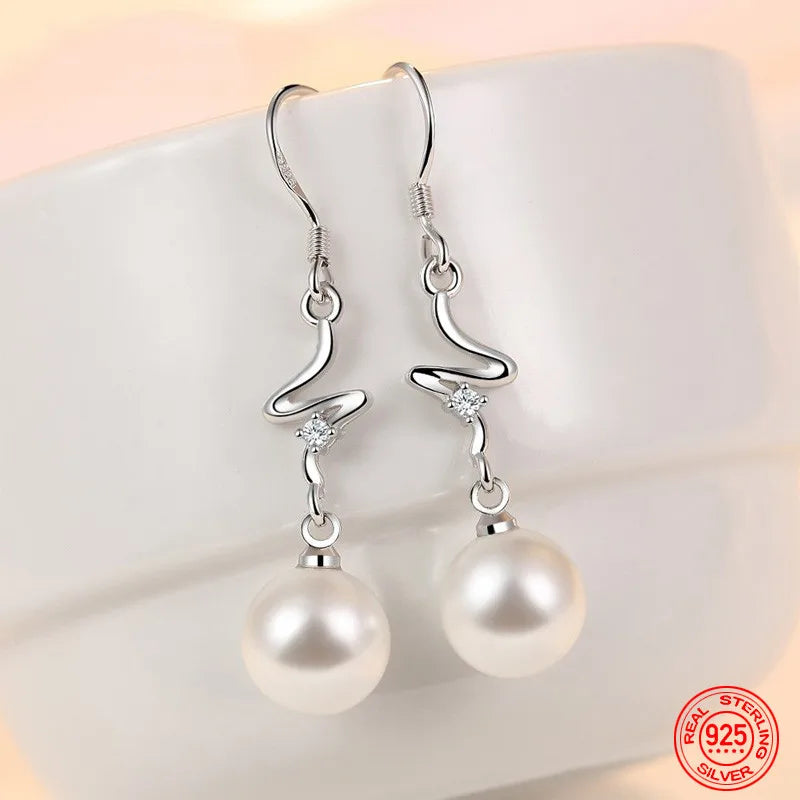 925 Silver Curved Pearl Drop Earrings for Women Wedding Party Gift