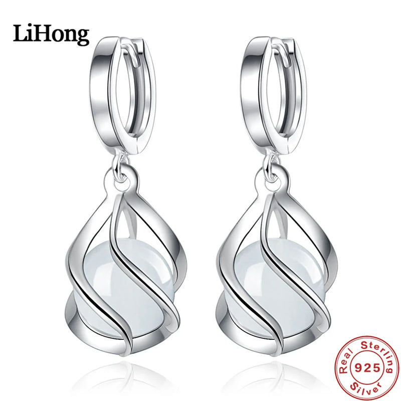 925 Silver Cat'S Eye Wavy Water Drop Earrings Gift