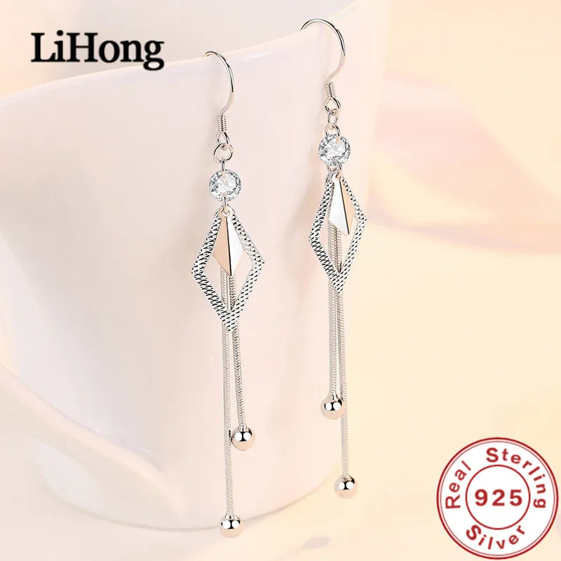 925 Silver Tassel Zircon Long Earrings Women's Jewelry