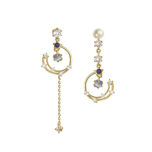 925 Silver Long Pearl Earrings Star Moon Tassel Zircon Earrings