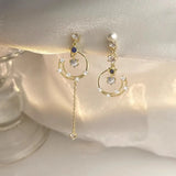 925 Silver Long Pearl Earrings Star Moon Tassel Zircon Earrings