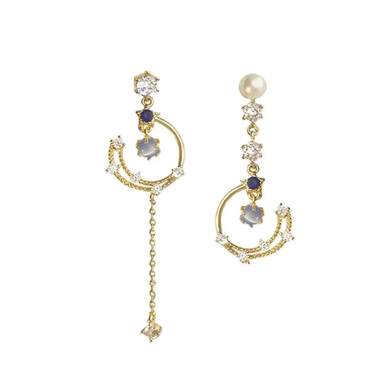 925 Silver Long Pearl Earrings Star Moon Tassel Zircon Earrings