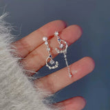 925 Silver Long Pearl Earrings Star Moon Tassel Zircon Earrings