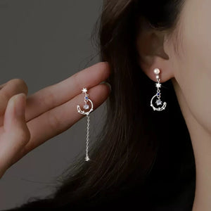 925 Silver Long Pearl Earrings Star Moon Tassel Zircon Earrings