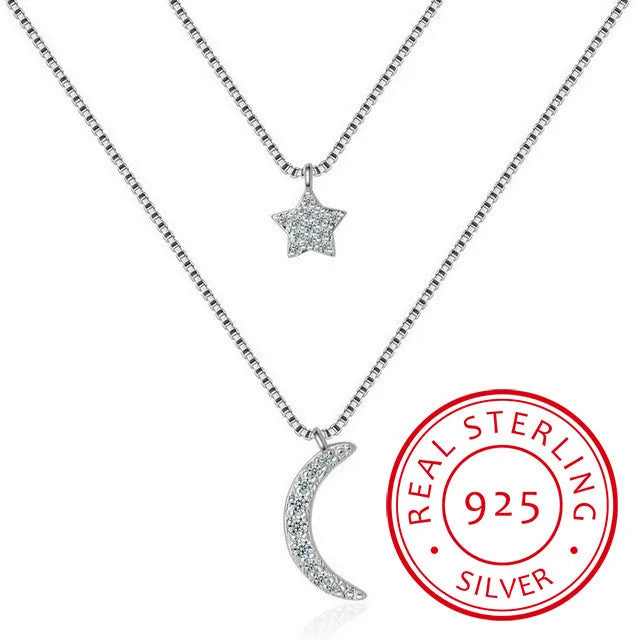 925 Sterling Silver Star Moon Pendant Choker Necklace for Women