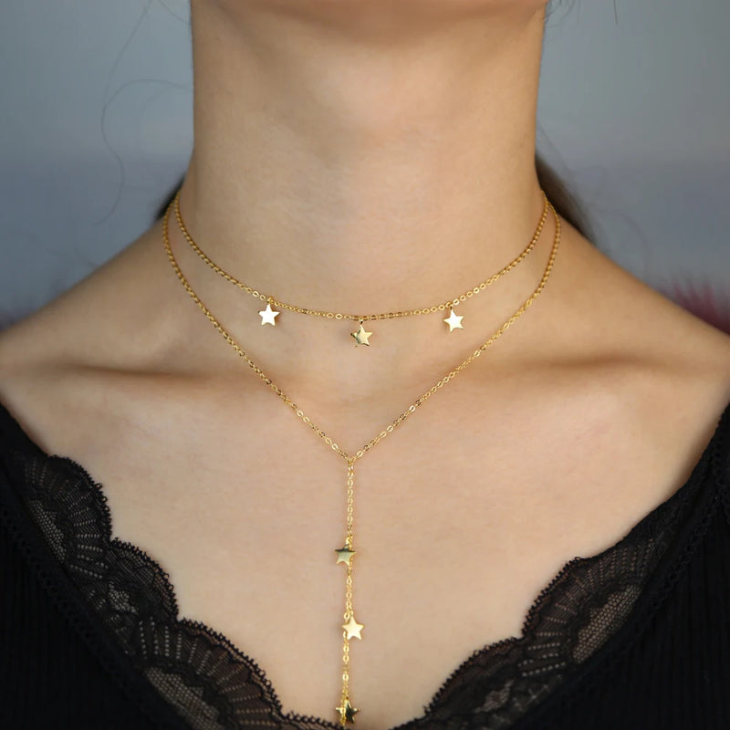 925 Silver Star Pendant Necklace Double Layer Chain Choker