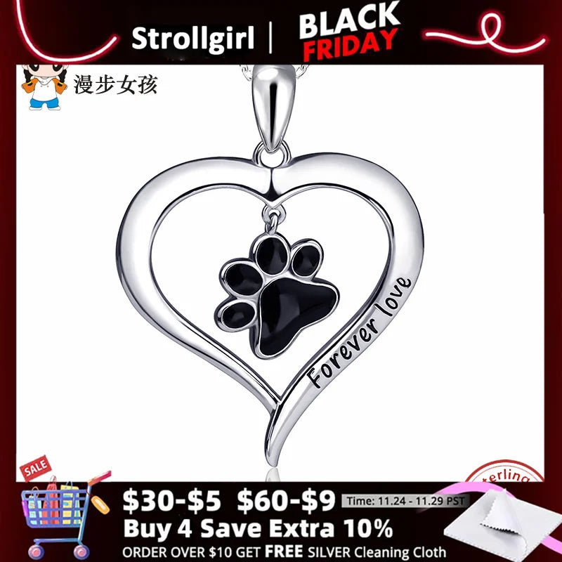 925 Silver Love Enamel Cat Dog Paw Pendant Necklace Women's Jewelry