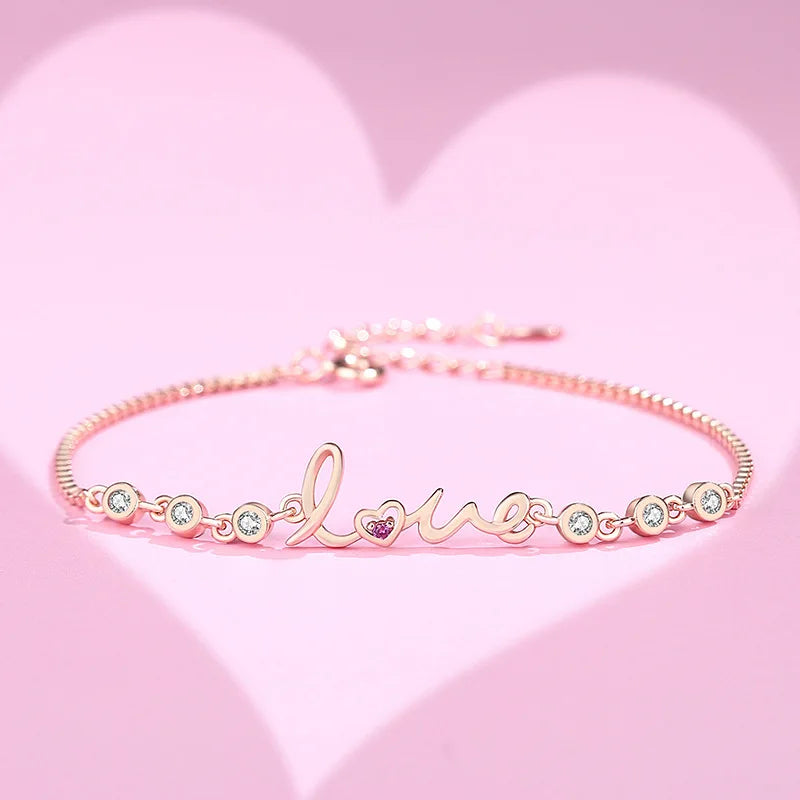 925 Silver Heart Chain Bracelet Women Rose Plated Jewelry