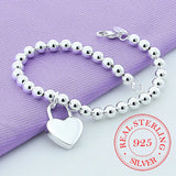 925 Silver Heart Lock 6mm Beads Chain Bracelet Women Charm Jewelry