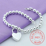 925 Silver Heart Lock 6mm Beads Chain Bracelet Women Charm Jewelry