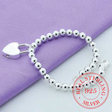 925 Silver Heart Lock 6mm Beads Chain Bracelet Women Charm Jewelry