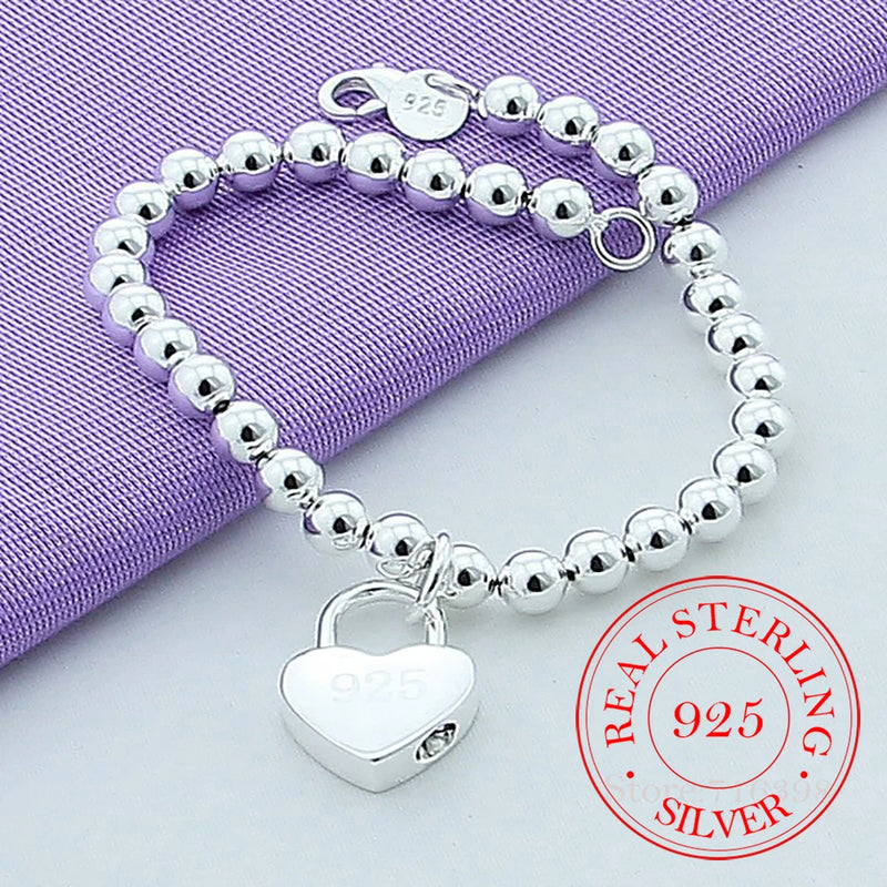 925 Silver Heart Lock 6mm Beads Chain Bracelet Women Charm Jewelry