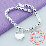 925 Silver Heart Lock 6mm Beads Chain Bracelet Women Charm Jewelry