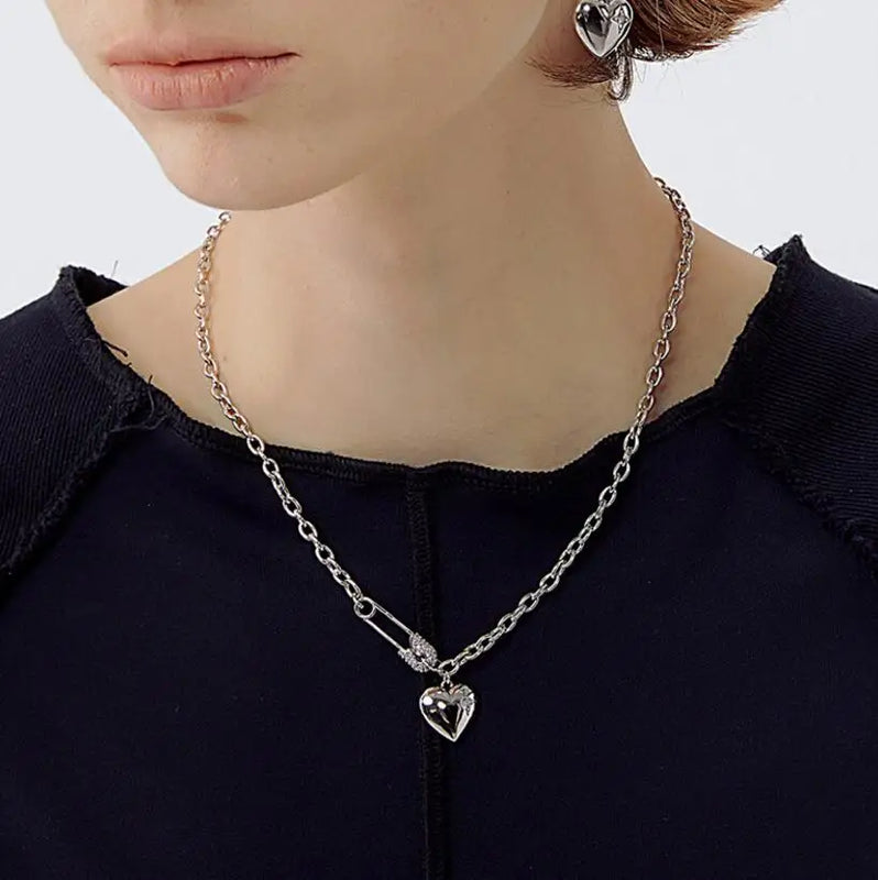 925 Silver Heart Paper Clip Necklace Women Thai Silver Sweater Chains
