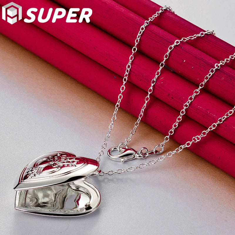 925 Silver Heart Photo Frame Pendant Necklace 16-30" Chain Wedding Charm Jewelry