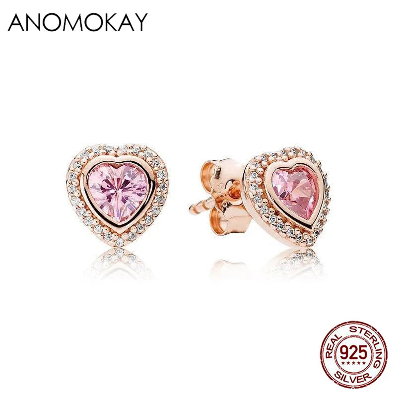 925 Silver Heart Stud Earrings CZ Anniversary Rose Jewelry