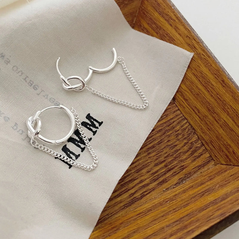 925 Silver Love Knot Circle Hoop Earrings - Tassel Chain
