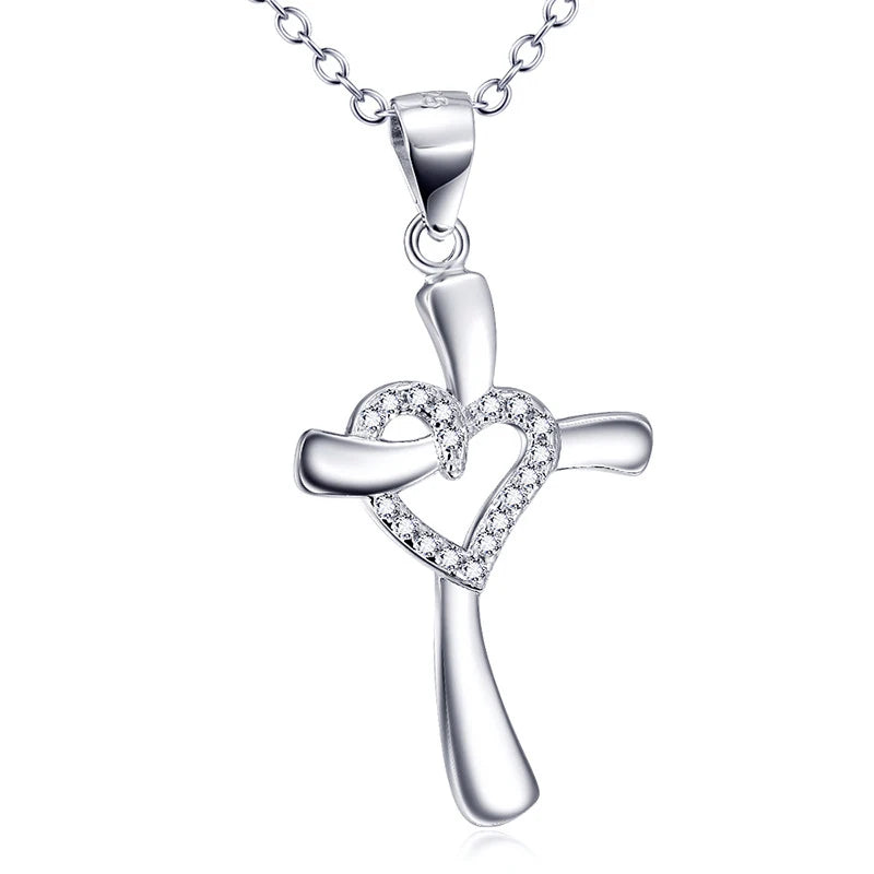 925 Silver Love Crystal Cross Necklace Religious Pendant