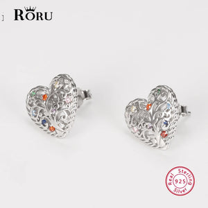 925 Silver Heart Stud Earrings Tree of Life Jewelry for Women