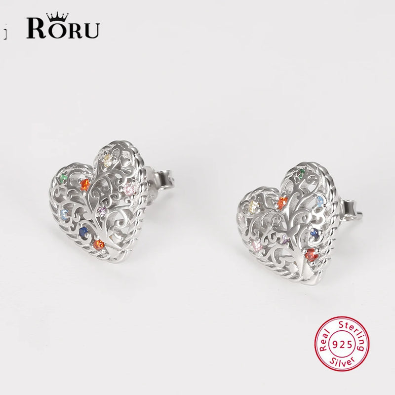 925 Silver Heart Stud Earrings Tree of Life Jewelry for Women