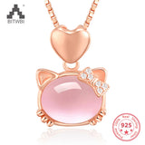 925 Silver Kitty Necklace Women Rose Quartz Pendant
