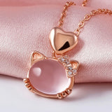 925 Silver Kitty Necklace Women Rose Quartz Pendant