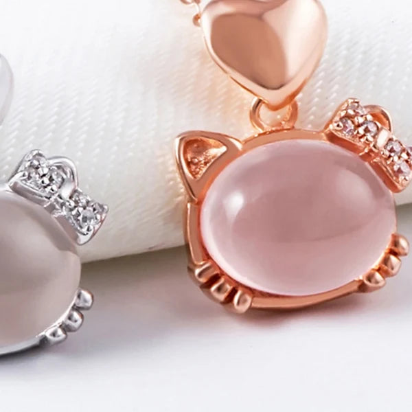 925 Silver Kitty Necklace Women Rose Quartz Pendant